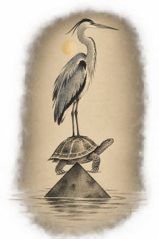 The Blue Heron, standing atop a turtle, resting on a triangle rising from the water β ink-brush illustration