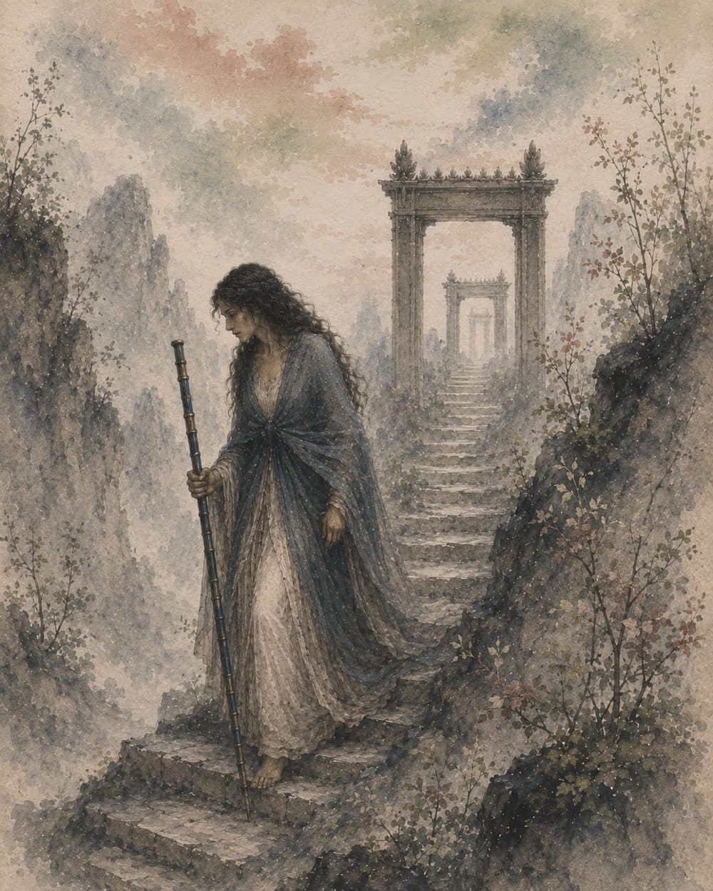 Contemplative Journey Through Misty Arches