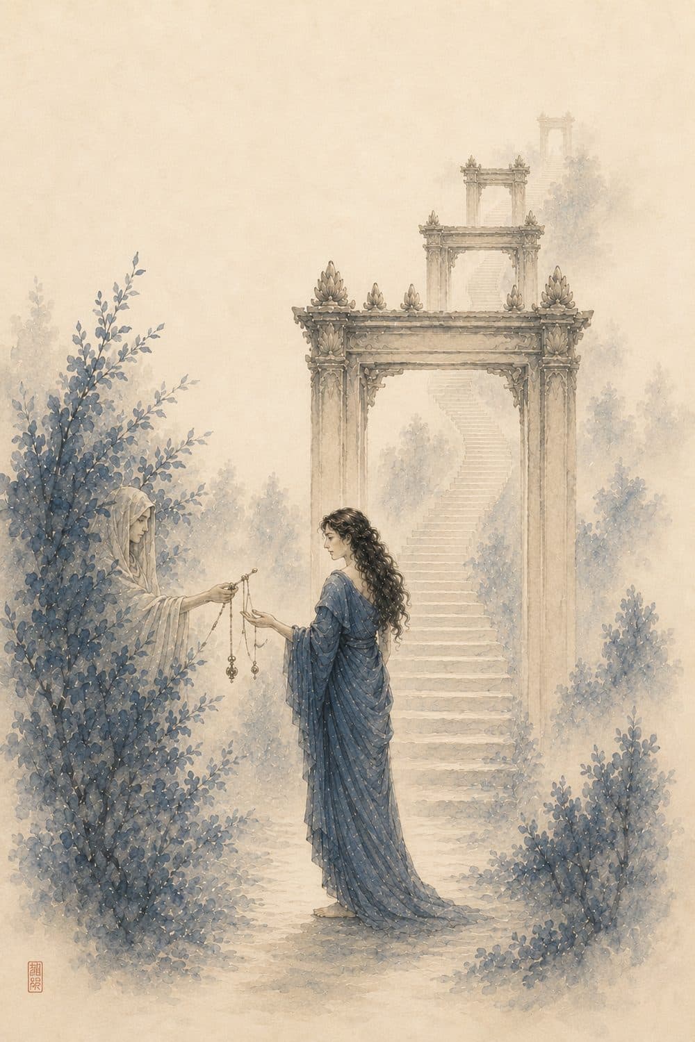 A Quiet Exchange in Ancient Mist